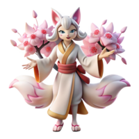 elegant rustic A mischievous kitsune with nine tails, transforming into a beautiful woman, cherry blossom trees in the background, soft pink light. Japanese folklore style high resolution png