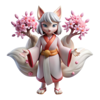 wonderful classic A mischievous kitsune with nine tails, transforming into a beautiful woman, cherry blossom trees in the background, soft pink light. Japanese folklore style professional png