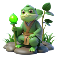 extraordinary creative A wise old kappa sitting by a riverbank, holding a cucumber, soft green light filtering through the trees. Japanese folklore style detailed png