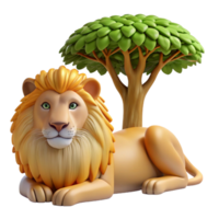 stunning creative A regal lion resting in the shade of an acacia tree, depicted in a realistic style with warm, golden light and intricate fur detail high quality png