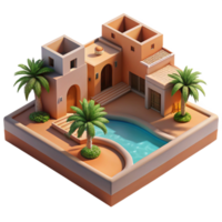beautiful classic Desert oasis resort, low-slung adobe buildings, shimmering pool reflecting palm trees, intense desert sunlight, travel photography style original png