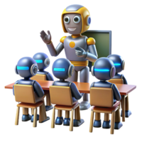 stunning minimalist A robot teacher instructing a class of robot students, lit by bright classroom lights in a cartoon style high resolution png