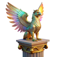 magnificent classic A majestic griffin with iridescent feathers, perched atop a crumbling marble pillar, lit by a single ray of golden light, in a hyperrealistic style genuine png