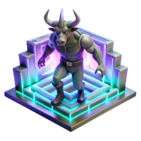 extraordinary contemporary A fearsome Minotaur, with the body of a man and the head of a bull, trapped within a labyrinth of glowing, crystalline walls. Neon lighting. Synthwave style premium png