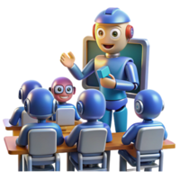 serene creative A robot teacher instructing a class of robot students, lit by bright classroom lights in a cartoon style premium png