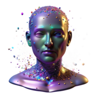 elegante criativo uma humano face dissolvendo para dentro uma cascata do colorida partículas, aceso de uma estroboscópico luz efeito, falha arte estilo exclusivo png