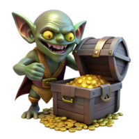 dramatic abstract A mischievous goblin scavenging in a treasure cave, its eyes gleaming with greed. Dark, atmospheric lighting. Fantasy art style premium png
