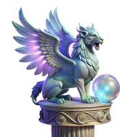 elegant creative A majestic griffin with iridescent feathers, perched atop a crumbling marble pillar, illuminated by a single beam of ethereal moonlight, Art Nouveau style professional png