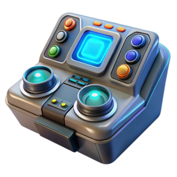 magnifik rustik en trogen kontrollera panel med lysande knappar och rattar, mörk bakgrund, sci-fi stil äkta png