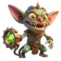 serene modern A mischievous gremlin with sharp teeth, sabotaging a magical device. Steampunk fantasy style high quality png