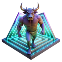 elegant traditional A fearsome Minotaur, with the body of a man and the head of a bull, trapped within a labyrinth of glowing, crystalline walls. Neon lighting. Synthwave style 4K png