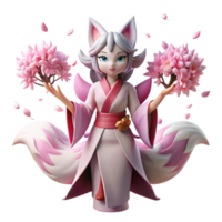 dramatic modern A mischievous kitsune with nine tails, transforming into a beautiful woman, cherry blossom trees in the background, soft pink light. Japanese folklore style authentic png
