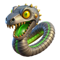 impressive modern A menacing steampunk snake, metallic scales and gears, glowing yellow eyes, eerie green lighting 4K png