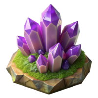 dramatic abstract A cluster of amethyst crystals growing on a mossy rock, soft diffuse lighting, ethereal, fantasy style, intricate details, original png