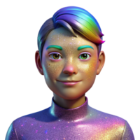 vibrant vintage Portrait of a person with their face covered in glitter, reflecting rainbow light, lit by bright, colorful lights, in a festive style detailed png