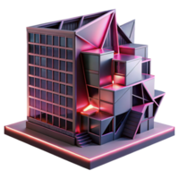 wonderful classic Deconstructivist office building, fragmented forms, sharp angles, crimson neon lights, cyberpunk style, Greg Rutkowski, professional png