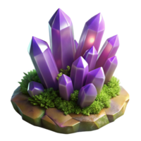 magnificent classic A cluster of amethyst crystals growing on a mossy rock, soft diffuse lighting, ethereal, fantasy style, intricate details, original png