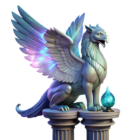 impressive artistic A majestic griffin with iridescent feathers, perched atop a crumbling marble pillar, illuminated by a single beam of ethereal moonlight, Art Nouveau style exclusive png