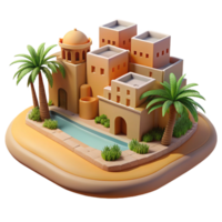 elegant rustic Desert oasis city, adobe buildings, palm trees, midday sun, warm colors, realistic render high quality png