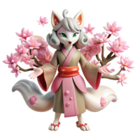 elegant classic A mischievous kitsune with nine tails, transforming into a beautiful woman, cherry blossom trees in the background, soft pink light. Japanese folklore style professional png