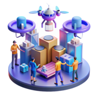 serene modern A bustling futuristic marketplace, filled with hovering drones delivering packages and citizens wearing augmented reality glasses. Cyberpunk style, vibrant lighting premium png