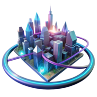 stunning contemporary A futuristic cityscape made of interconnected crystals and neon light trails, illuminated by a pulsating, chromatic glow, Cyberpunk style high quality png