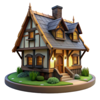 wonderful minimalist Tudor-style cottage, half-timbered walls, thatched roof, garden setting, overcast lighting authentic png