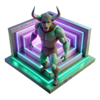 elegant vintage A fearsome Minotaur, with the body of a man and the head of a bull, trapped within a labyrinth of glowing, crystalline walls. Neon lighting. Synthwave style high quality png