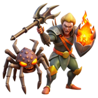 extraordinary classic A fierce warrior wielding a flaming battleaxe, charging towards a giant spider. Dark fantasy style high resolution png