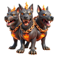 vibrant minimalist A three-headed Cerberus, each head with a different expression rage, sorrow, curiosity, chains of glowing embers wrapped around its body, dark fantasy art style, dimly lit premium png