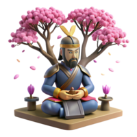 elegant minimalist A samurai warrior meditates beneath a cherry blossom tree, soft, diffused lighting, ukiyo-e woodblock print style genuine png