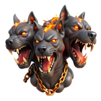 wonderful creative A three-headed Cerberus, each head snarling, with fiery eyes and dripping saliva, chains made of glowing embers, in a dark, gritty realism style high quality png