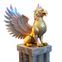 dramatic vintage A majestic griffin with iridescent feathers, perched atop a crumbling marble pillar, lit by a single ray of golden light, in a hyperrealistic style genuine png