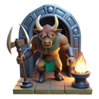 serene creative A fearsome minotaur guarding a labyrinth entrance, its axe glinting in the torchlight. Dark, mysterious lighting. Classical style original png