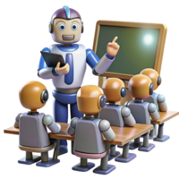 wonderful traditional A robot teacher instructing a class of robot students, lit by bright classroom lights in a cartoon style genuine png
