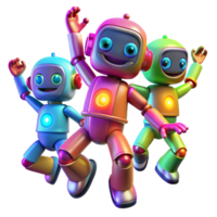 dramatic contemporary A group of colorful, toy-like robots dancing in a synchronized pattern, lit by vibrant neon lights in a pop art style 4K png