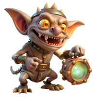 dramatic modern A mischievous gremlin with sharp teeth, sabotaging a magical device. Steampunk fantasy style high resolution png