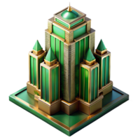 serene rustic Art Deco skyscraper, emerald green and gold accents, sunset lighting, highly polished surfaces, intricate geometric patterns, isometric view original png