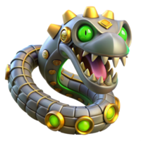 serene rustic A menacing steampunk snake, metallic scales and gears, glowing yellow eyes, eerie green lighting genuine png
