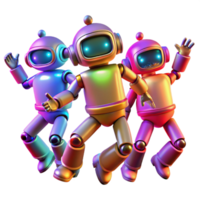 stunning creative A group of colorful, toy-like robots dancing in a synchronized pattern, lit by vibrant neon lights in a pop art style high resolution png