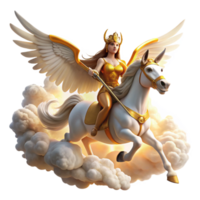 vibrant modern A fierce Valkyrie riding her winged horse through the clouds, bathed in the golden light of Valhalla, in a Norse mythology inspired style high resolution png