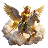 elegant rustic A fierce Valkyrie riding her winged horse through the clouds, bathed in the golden light of Valhalla, in a Norse mythology inspired style high quality png