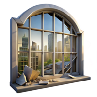 magnificent contemporary A broken window in an abandoned building, reflecting a distorted view of the cityscape. Urban decay style, natural lighting detailed png