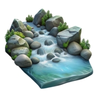 wonderful contemporary A crystal-clear mountain stream flowing over polished stones, reflecting the surrounding trees, photorealistic style high quality png