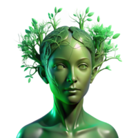 serene contemporary Portrait of a person morphing into a tree, with branches and leaves growing from their skin, lit by ethereal, green light, in a surreal style professional png