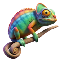 wonderful contemporary A vibrant chameleon perched on a branch, its skin displaying a rainbow of colors, studio lighting with high contrast, photorealistic style genuine png