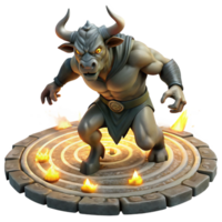 magnificent classic A powerful minotaur charging through a labyrinth, dust motes swirling in the dim torchlight. Gritty realism style high resolution png