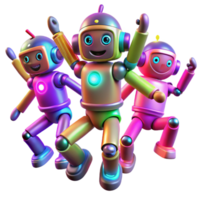 impressive creative A group of colorful, toy-like robots dancing in a synchronized pattern, lit by vibrant neon lights in a pop art style authentic png