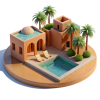 beautiful modern Desert oasis resort, low-slung adobe buildings, shimmering pool reflecting palm trees, intense desert sunlight, travel photography style genuine png