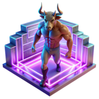 extraordinary traditional A fearsome Minotaur, with the body of a man and the head of a bull, trapped within a labyrinth of glowing, crystalline walls. Neon lighting. Synthwave style authentic png